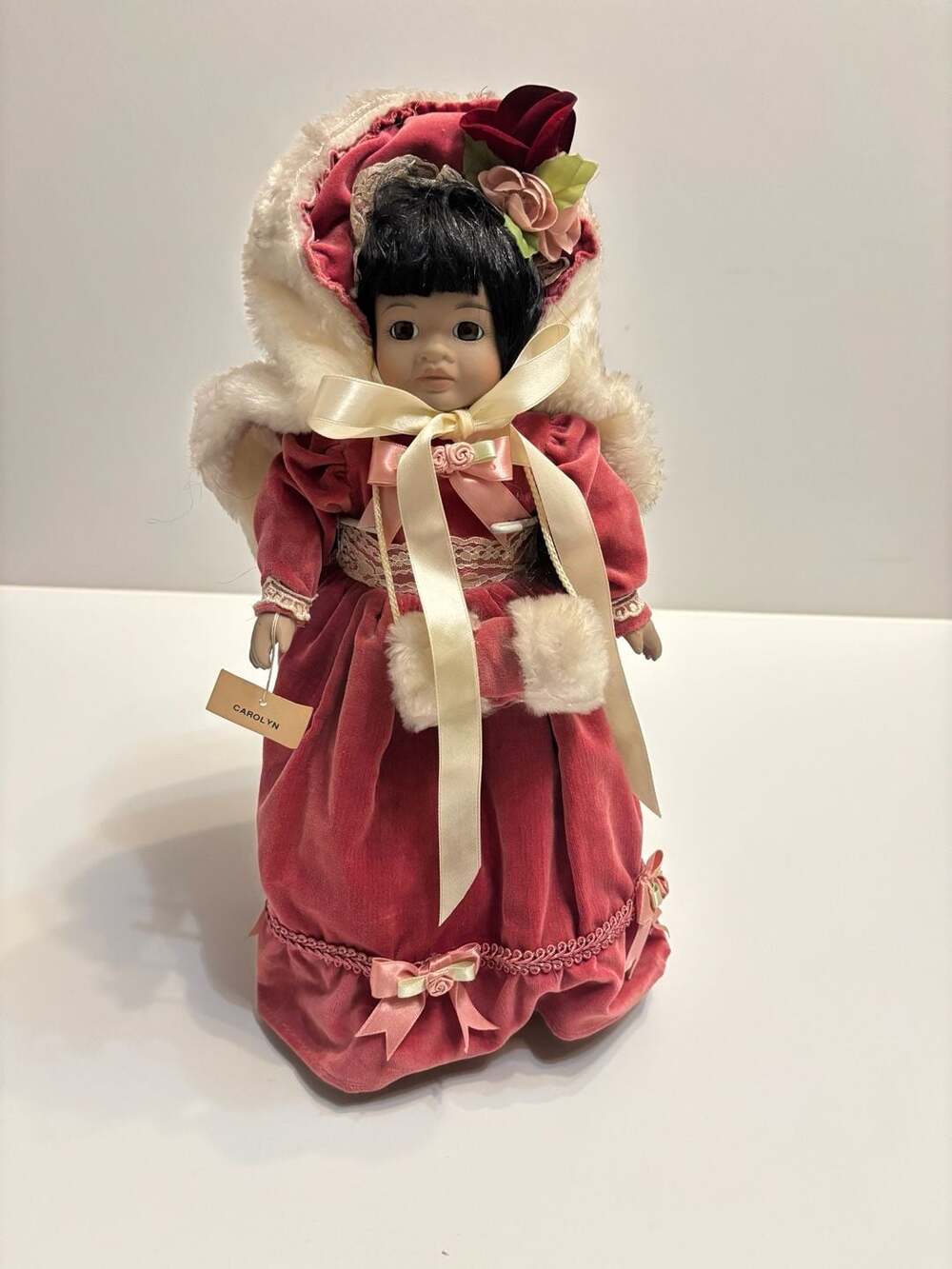 Vintage 1989 Seymour Mann Carolyn Porcelain Doll Burgundy Velvet Holiday Dress